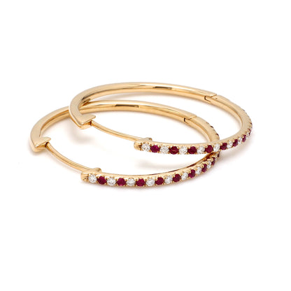 Natural Ruby & Diamond Hoop Earrings – 18K Gold | 30mm