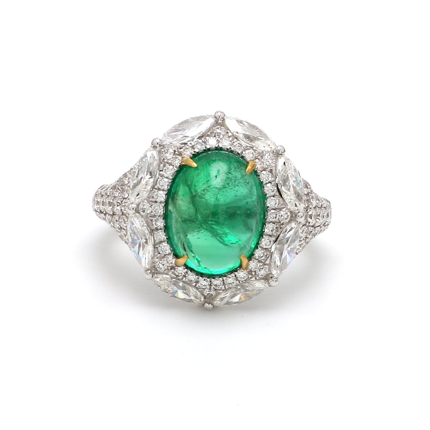 Zambian Emerald Cabochon Cocktail Ring – 3.89 ct with Marquise Diamond Halo