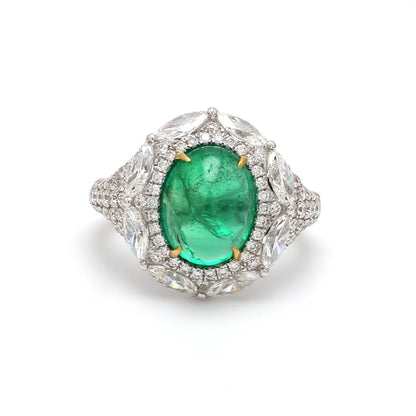 Zambian Emerald Cabochon Cocktail Ring – 3.89 ct with Marquise Diamond Halo
