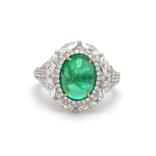 Zambian Emerald Cabochon Cocktail Ring – 3.89 ct with Marquise Diamond Halo