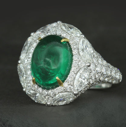 Zambian Emerald Cabochon Cocktail Ring – 3.89 ct with Marquise Diamond Halo