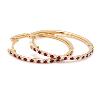 Natural Ruby & Diamond Hoop Earrings – 18K Gold | 30mm