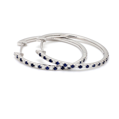 Natural Blue Sapphire & Diamond Hoop Earrings – 18K Gold | 30mm