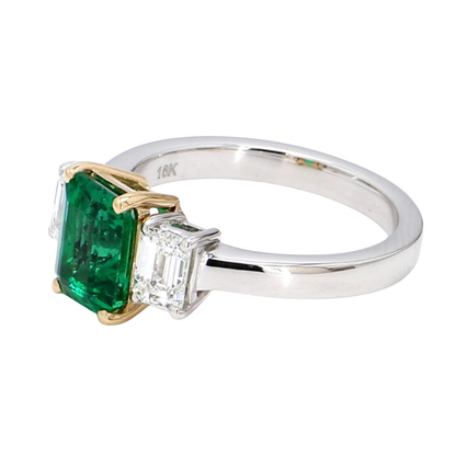 Zambian Emerald Three-Stone Ring – 1.62 ct GIA Certified Diamond Shoulders in Dual-Tone 18K Gold