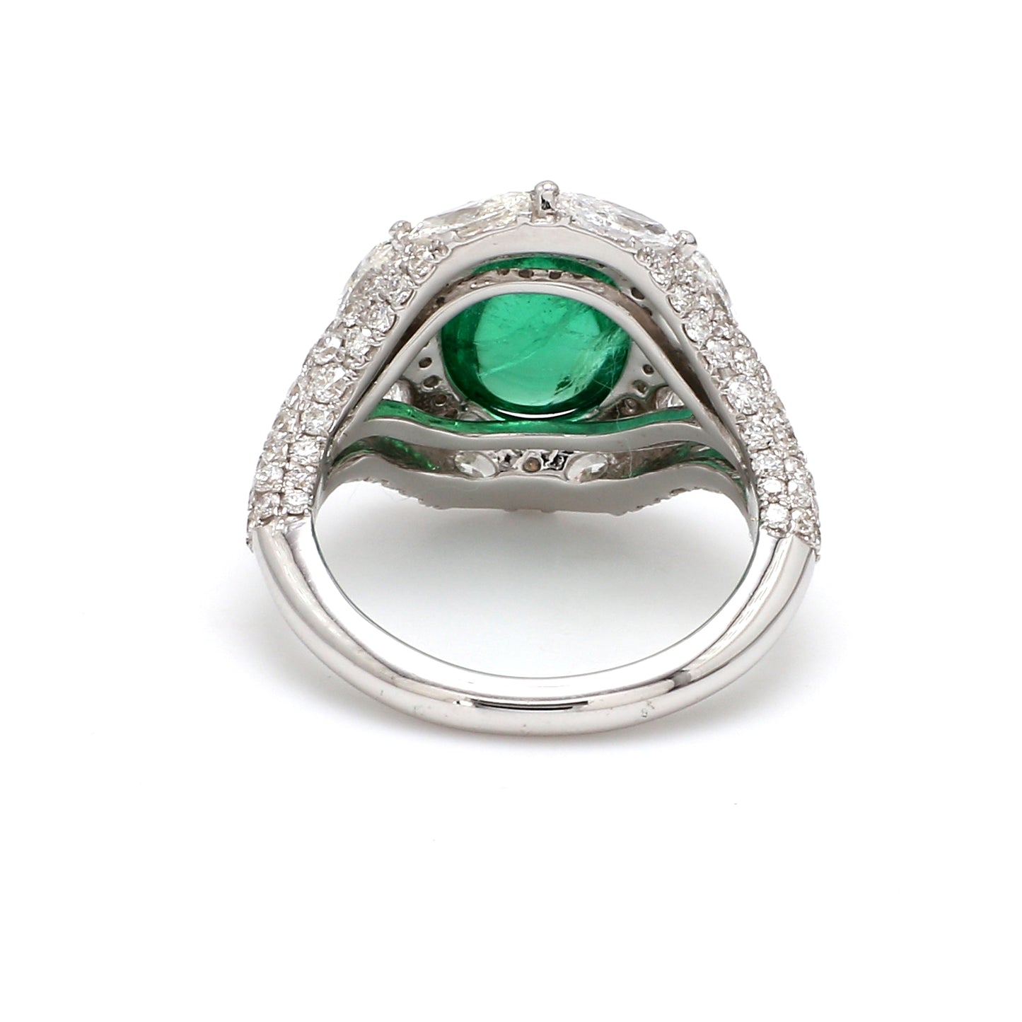 Zambian Emerald Cabochon Cocktail Ring – 3.89 ct with Marquise Diamond Halo