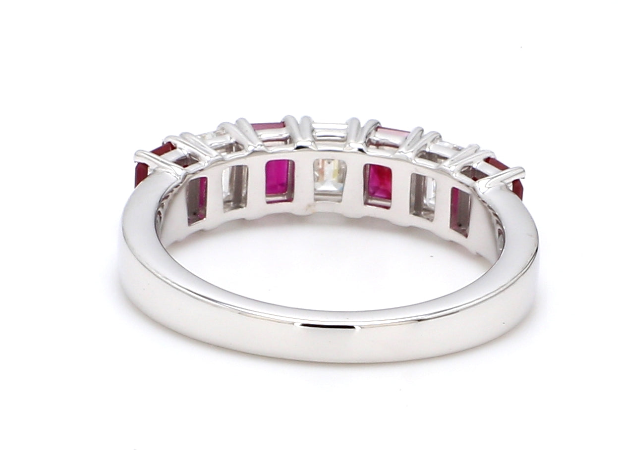 Ruby & Diamond Seven-Stone Band – Emerald Cut 4x3mm in 18K White Gold