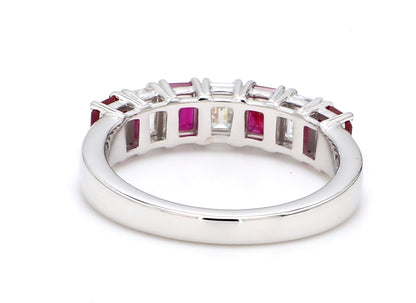 Ruby & Diamond Seven-Stone Band – Emerald Cut 4x3mm in 18K White Gold