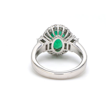 Zambian Emerald Engagement Ring – Oval Halo with Diamond Baguettes