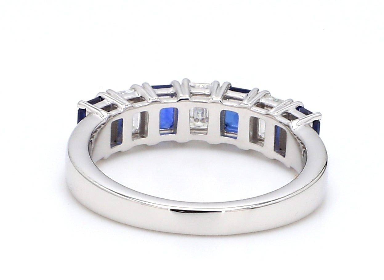 Blue Sapphire & Diamond Seven-Stone Band – Emerald Cut 4x3mm in 18K White Gold