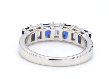 Blue Sapphire & Diamond Seven-Stone Band – Emerald Cut 4x3mm in 18K White Gold