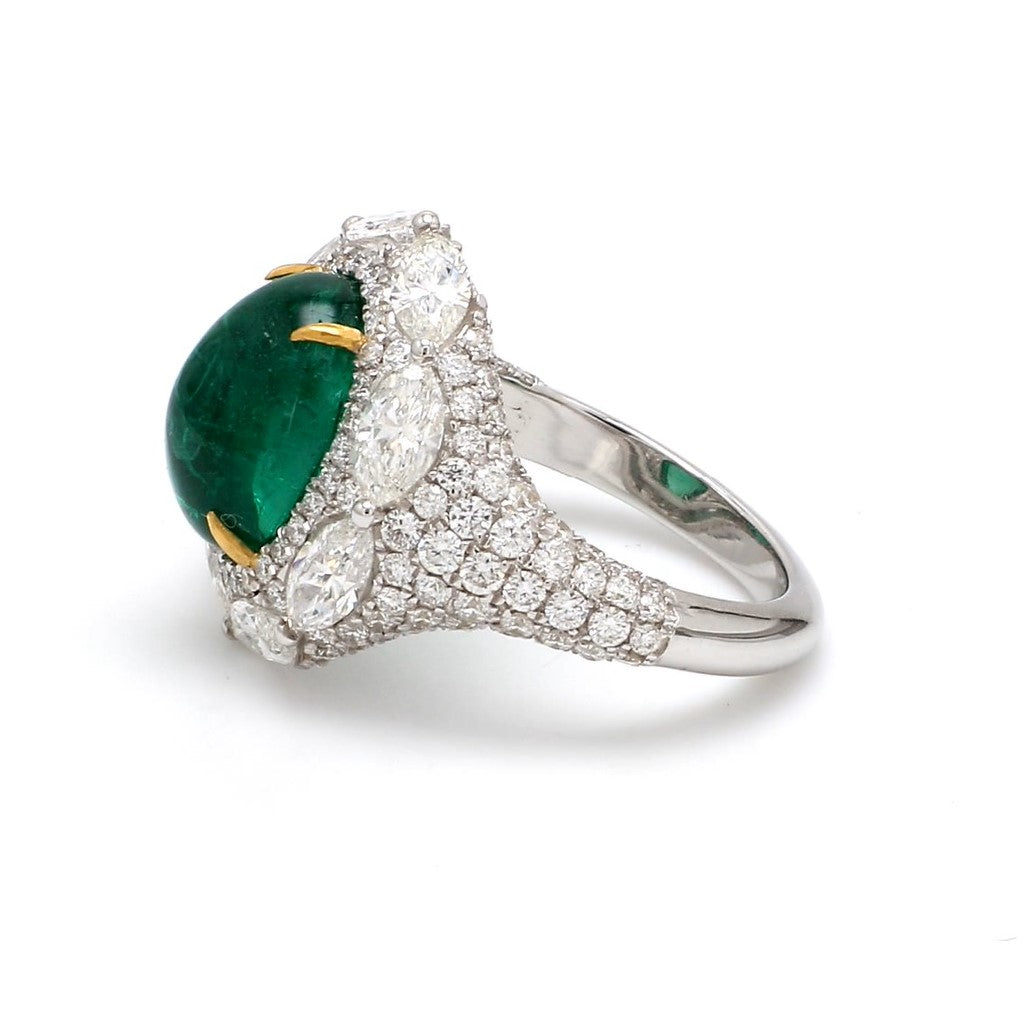 Zambian Emerald Cabochon Cocktail Ring – 3.89 ct with Marquise Diamond Halo