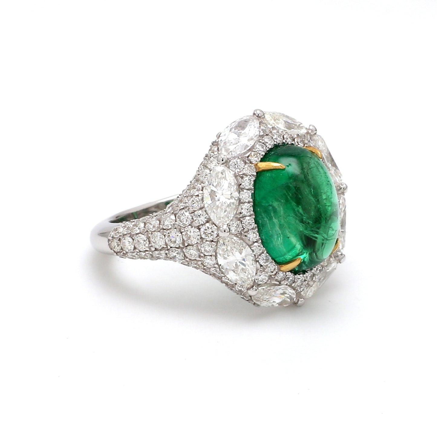 Zambian Emerald Cabochon Cocktail Ring – 3.89 ct with Marquise Diamond Halo