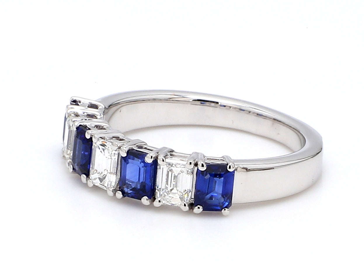 Blue Sapphire & Diamond Seven-Stone Band – Emerald Cut 4x3mm in 18K White Gold