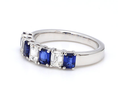Blue Sapphire & Diamond Seven-Stone Band – Emerald Cut 4x3mm in 18K White Gold