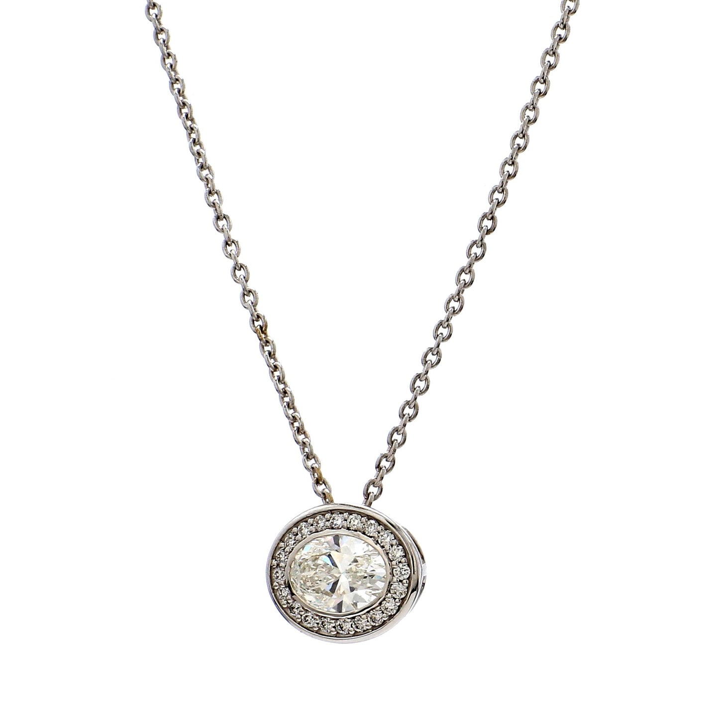 GIA Certified  1.00 Ct  Oval Cut Diamond Halo Pendant – 18K White Gold