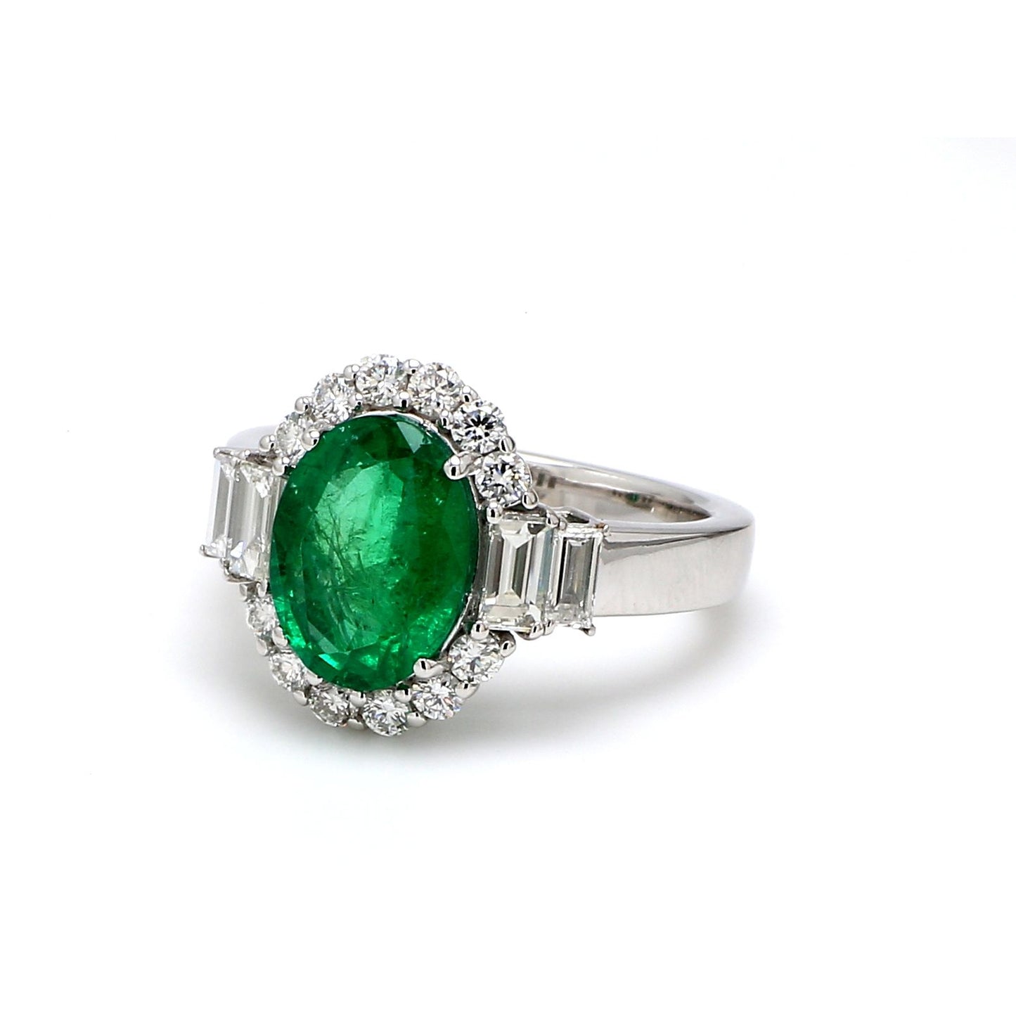 Zambian Emerald Engagement Ring – Oval Halo with Diamond Baguettes