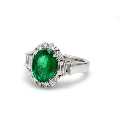 Zambian Emerald Engagement Ring – Oval Halo with Diamond Baguettes