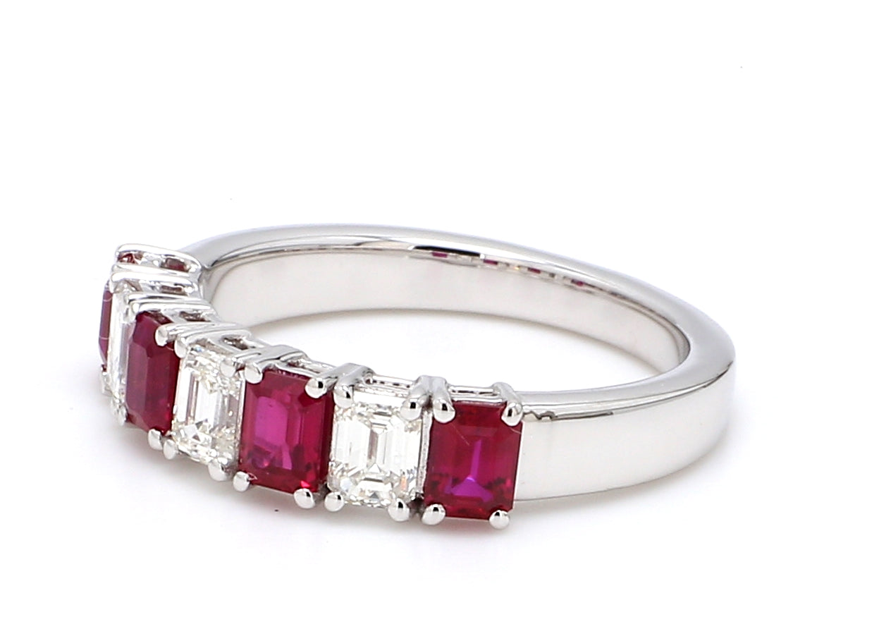 Ruby & Diamond Seven-Stone Band – Emerald Cut 4x3mm in 18K White Gold