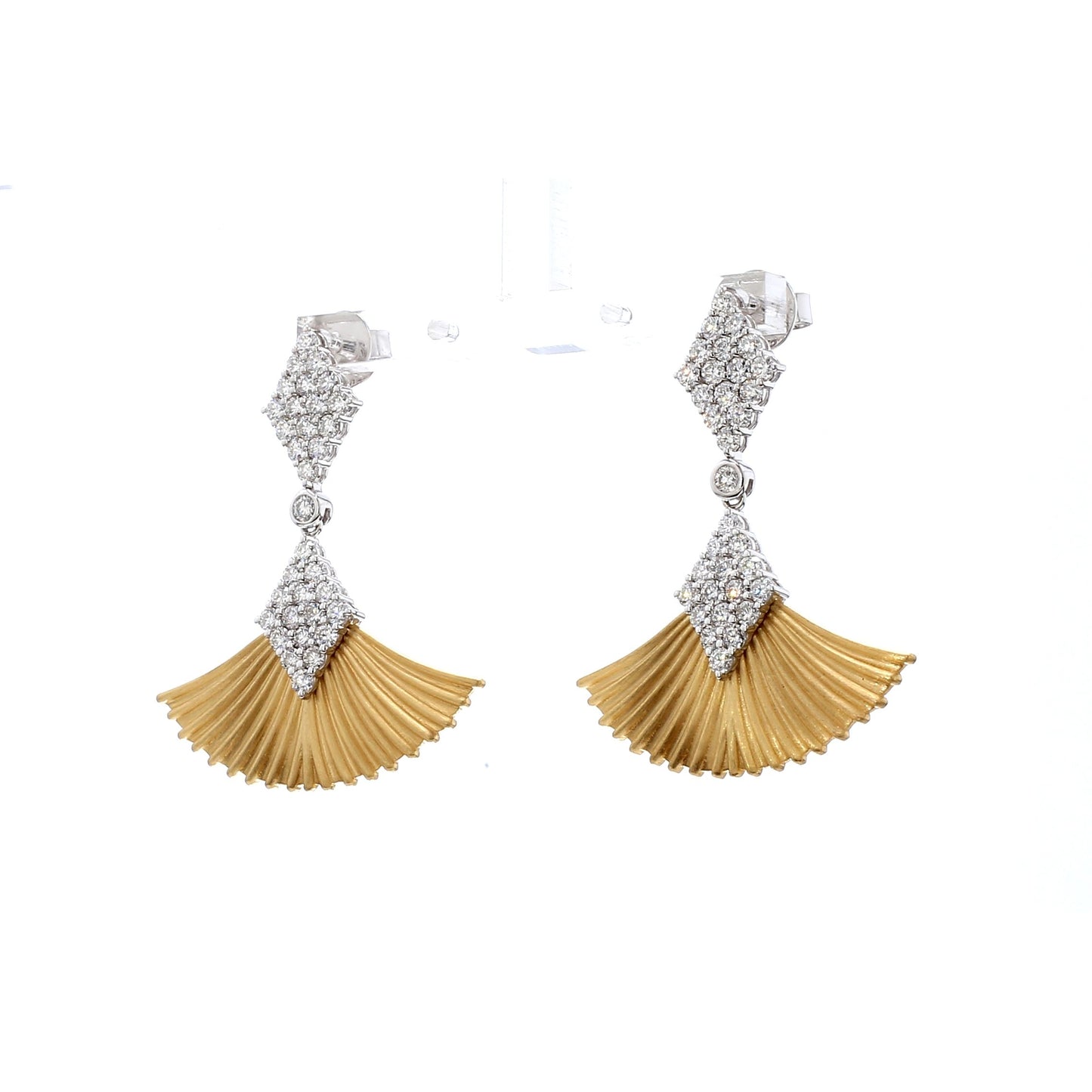 18K Yellow Gold Art Deco Diamond Top Fan Drop Dangle Earrings
