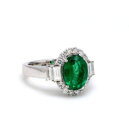 Zambian Emerald Engagement Ring – Oval Halo with Diamond Baguettes