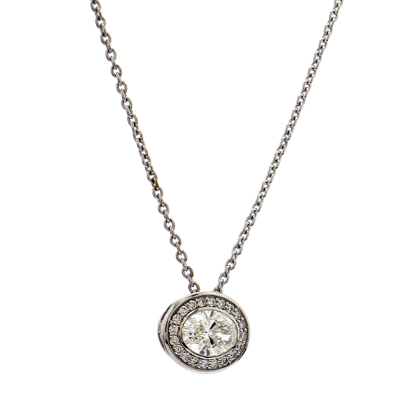 GIA Certified  1.00 Ct  Oval Cut Diamond Halo Pendant – 18K White Gold