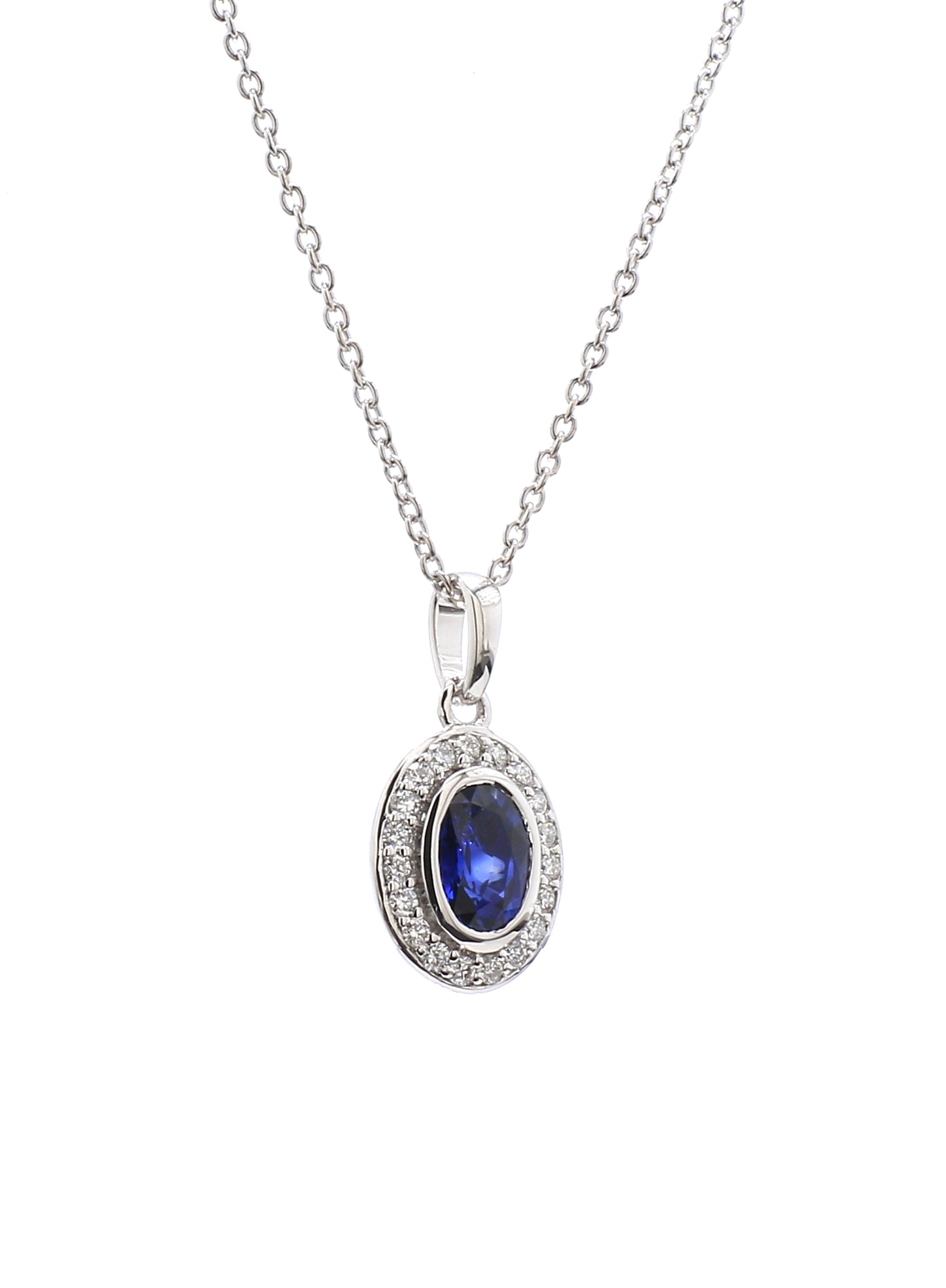 Diamond & Blue Sapphire Pendant in 18K White Gold
