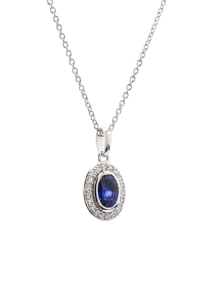 Diamond & Blue Sapphire Pendant in 18K White Gold