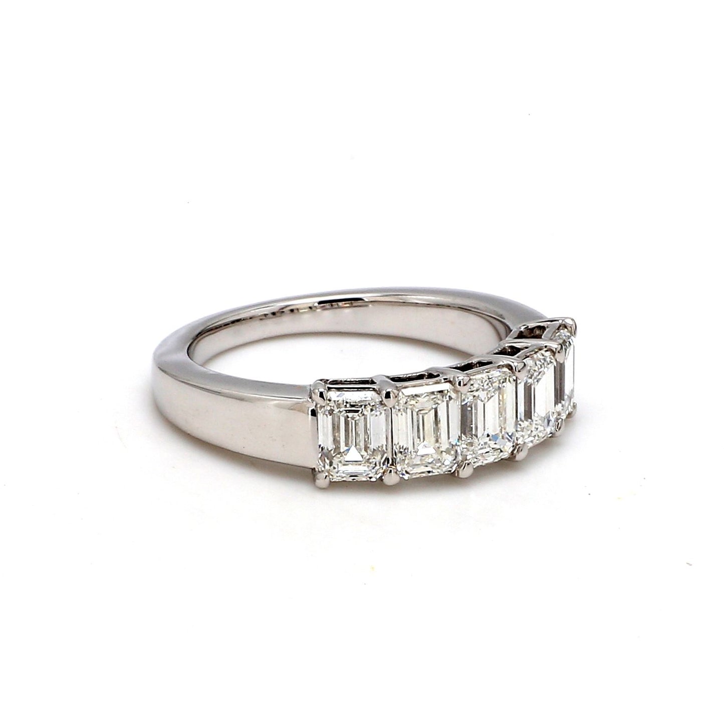 18K White Gold 5 Stone Emerald Cut Wedding Band - GIA Certified