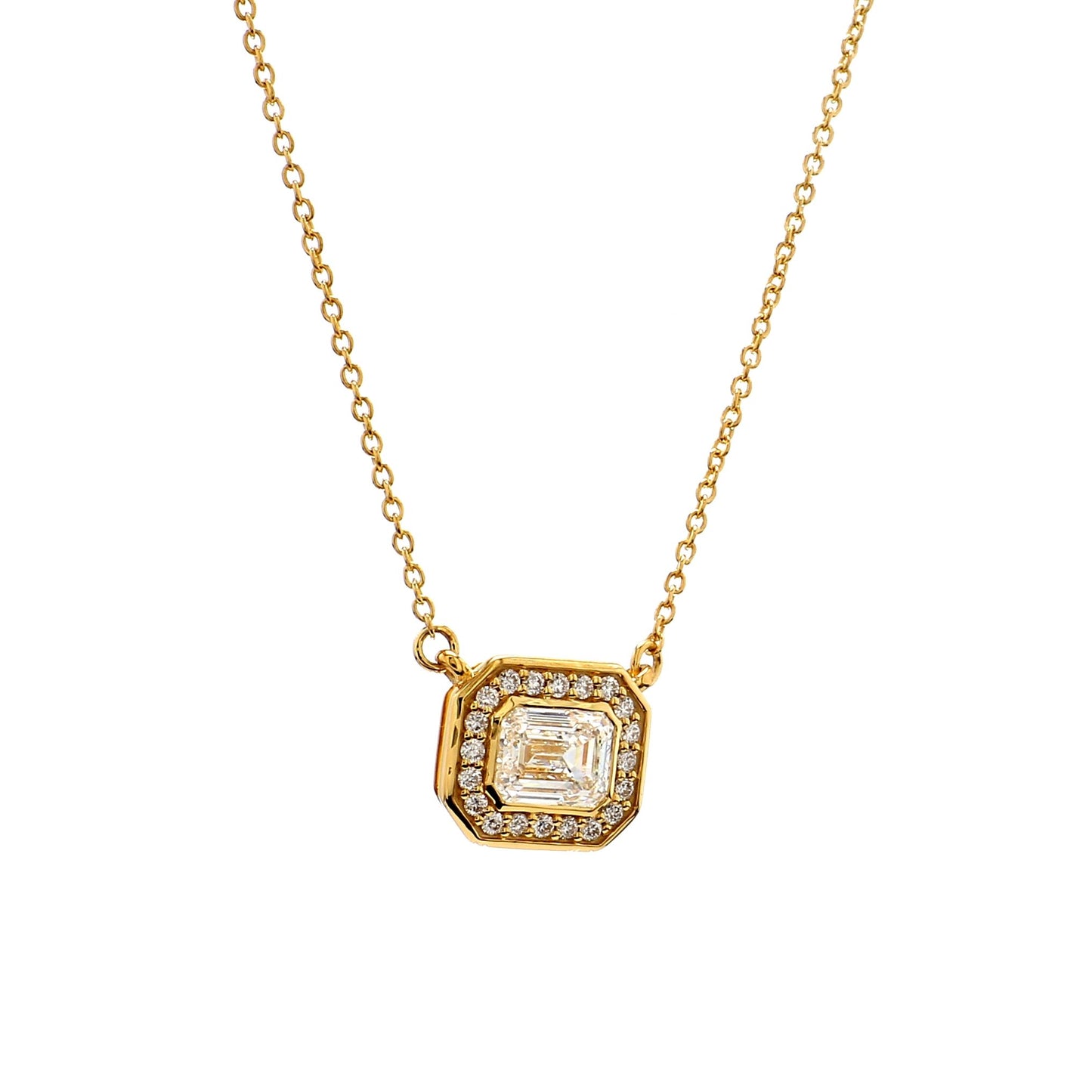 GIA Certified  1.00 Ct Emerald Cut Diamond Halo Pendant – 18K Yellow Gold