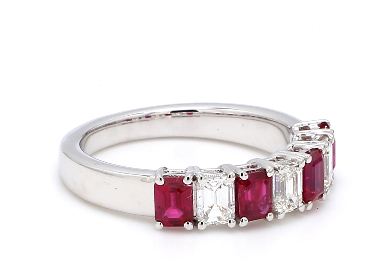Ruby & Diamond Seven-Stone Band – Emerald Cut 4x3mm in 18K White Gold