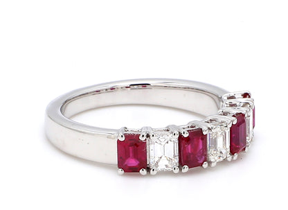 Ruby & Diamond Seven-Stone Band – Emerald Cut 4x3mm in 18K White Gold