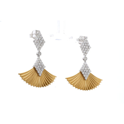 18K Yellow Gold Art Deco Diamond Top Fan Drop Dangle Earrings