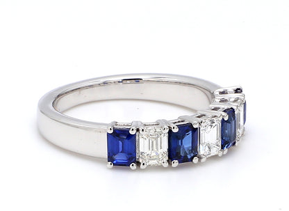 Blue Sapphire & Diamond Seven-Stone Band – Emerald Cut 4x3mm in 18K White Gold