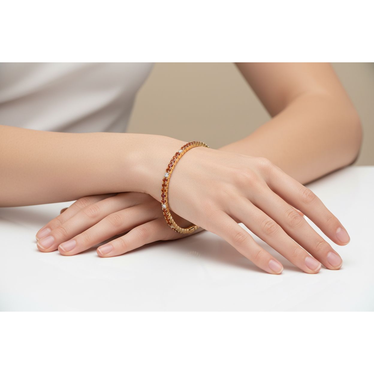 Diamond Orange Sapphire Stretch Bracelet 60mm-14K Yellow Gold