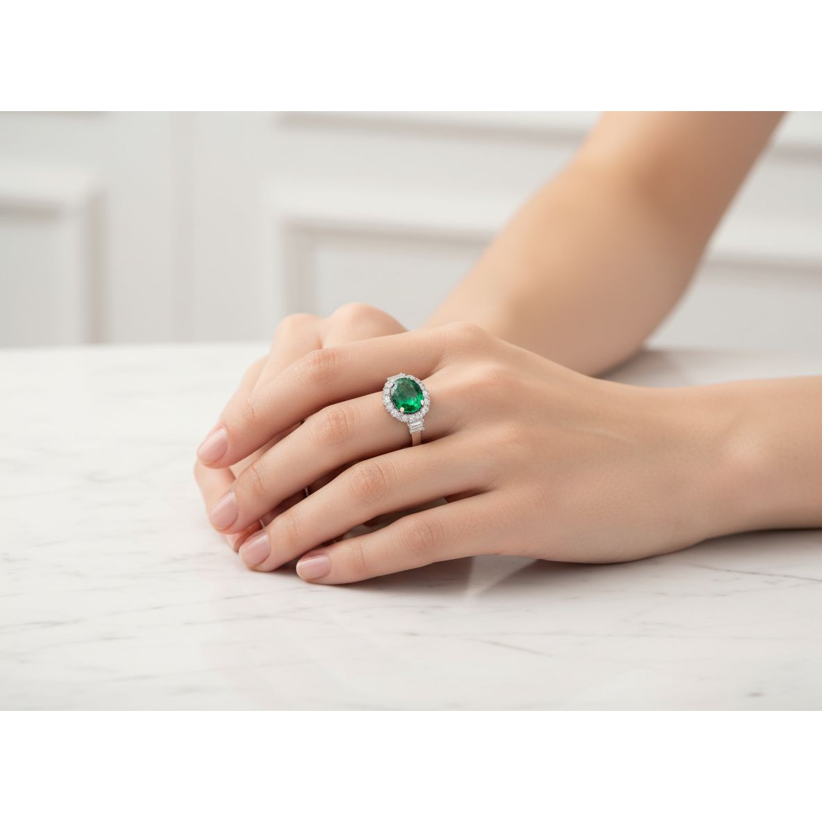Zambian Emerald Engagement Ring – Oval Halo with Diamond Baguettes