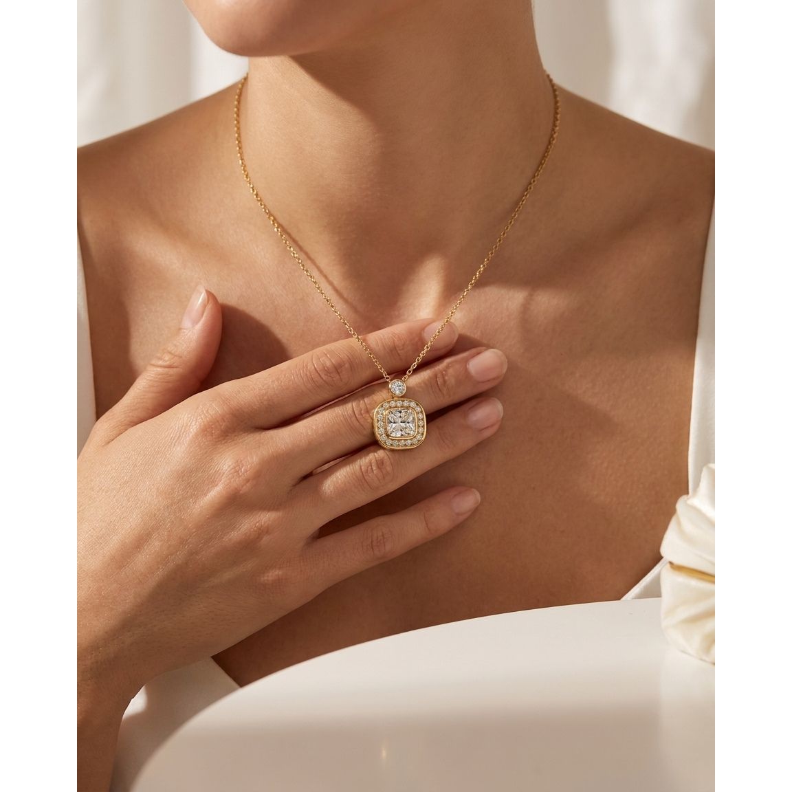 GIA Certified  1.00 Ct  Cushion Cut Diamond Halo Pendant – 18K Yellow Gold