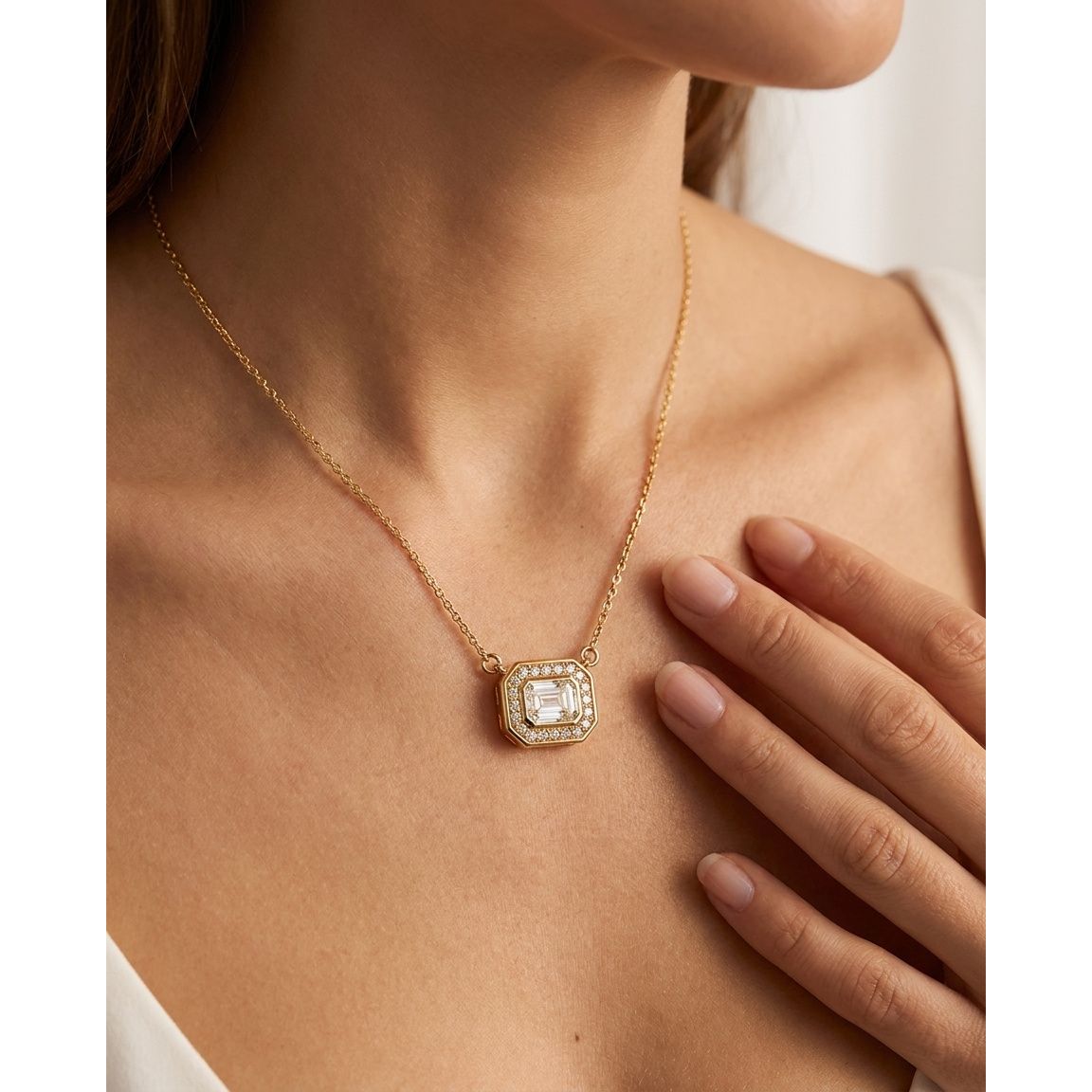 GIA Certified  1.00 Ct Emerald Cut Diamond Halo Pendant – 18K Yellow Gold