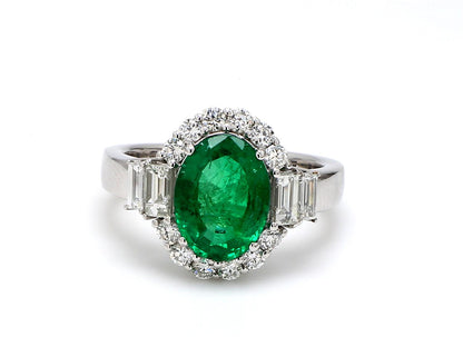 Zambian Emerald Engagement Ring – Oval Halo with Diamond Baguettes