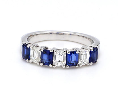 Blue Sapphire & Diamond Seven-Stone Band – Emerald Cut 4x3mm in 18K White Gold