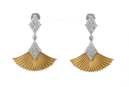 18K Yellow Gold Art Deco Diamond Top Fan Drop Dangle Earrings