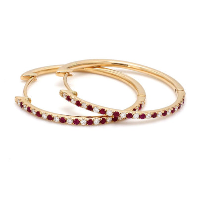 Natural Ruby & Diamond Hoop Earrings – 18K Gold | 30mm
