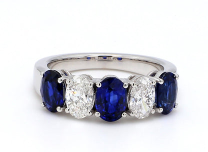 Blue Sapphire & Diamond Five-Stone Band – Oval 6x4mm in 18K White Gold