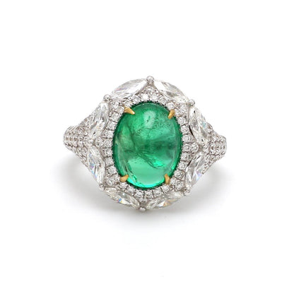 Zambian Emerald Cabochon Cocktail Ring – 3.89 ct with Marquise Diamond Halo