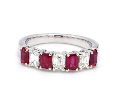 Ruby & Diamond Seven-Stone Band – Emerald Cut 4x3mm in 18K White Gold