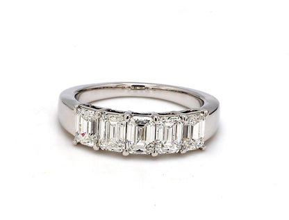 18K White Gold 5 Stone Emerald Cut Wedding Band - GIA Certified