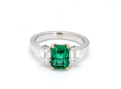Zambian Emerald Three-Stone Ring – 1.62 ct GIA Certified Diamond Shoulders in Dual-Tone 18K Gold