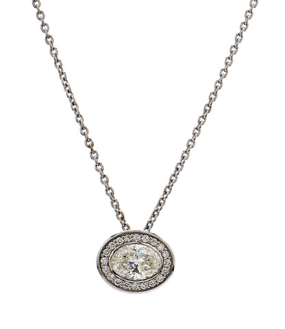 GIA Certified  1.00 Ct  Oval Cut Diamond Halo Pendant – 18K White Gold