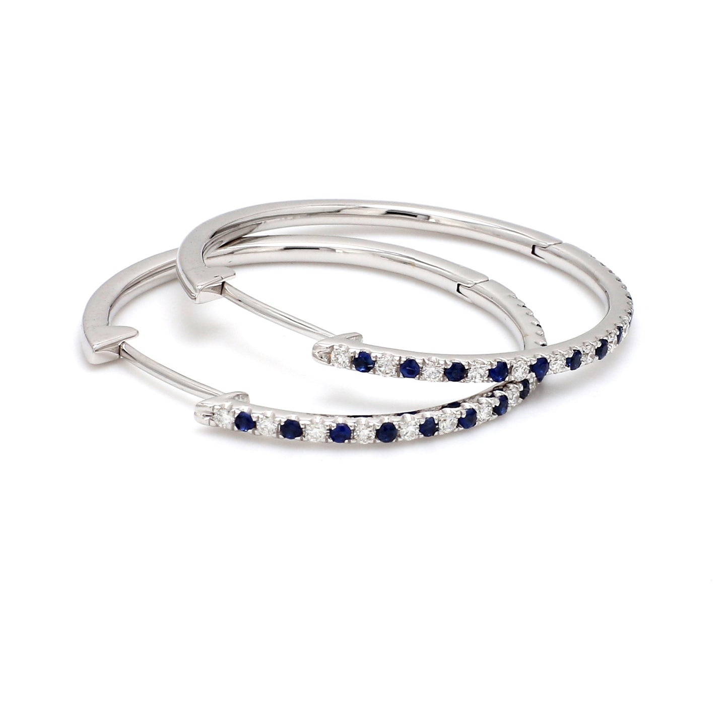 Natural Blue Sapphire & Diamond Hoop Earrings – 18K Gold | 30mm