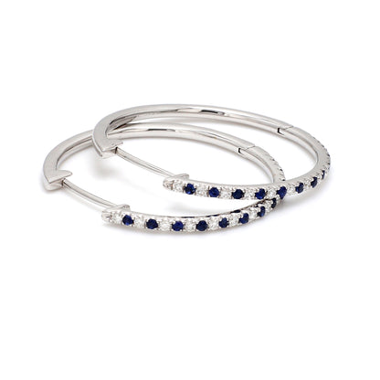 Natural Blue Sapphire & Diamond Hoop Earrings – 18K Gold | 30mm