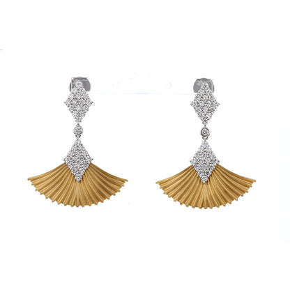 18K Yellow Gold Art Deco Diamond Top Fan Drop Dangle Earrings